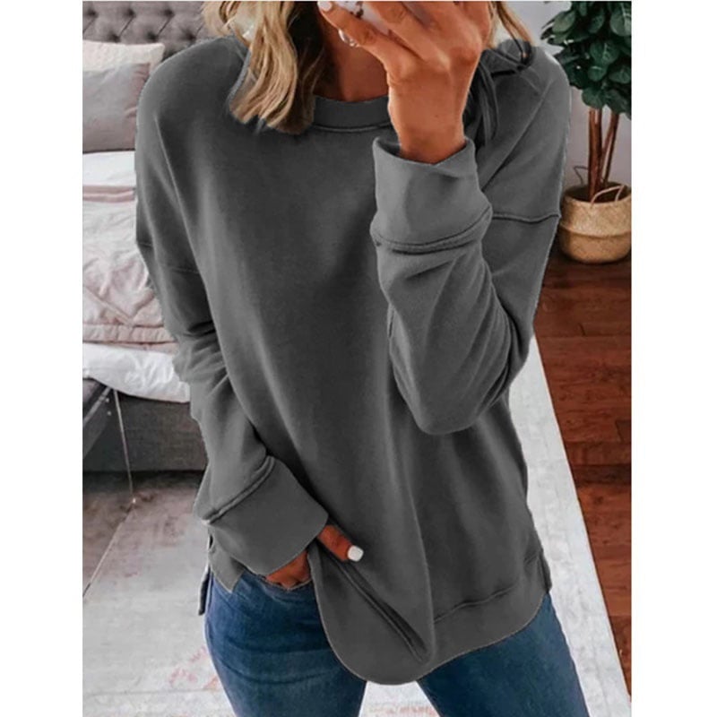 Casual Loose Fit Solid Color Long Sleeve T-shirt