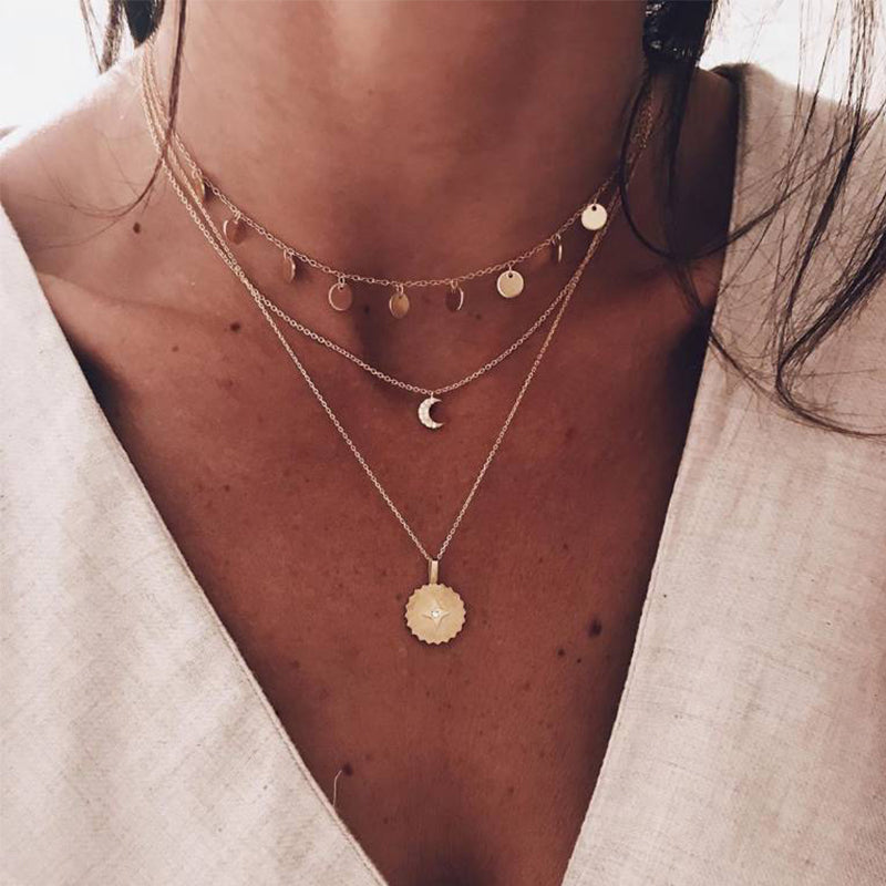 Shell Pendant Necklace, Moon Sun Multi-Layer Choker