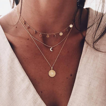 Shell Pendant Necklace, Moon Sun Multi-Layer Choker