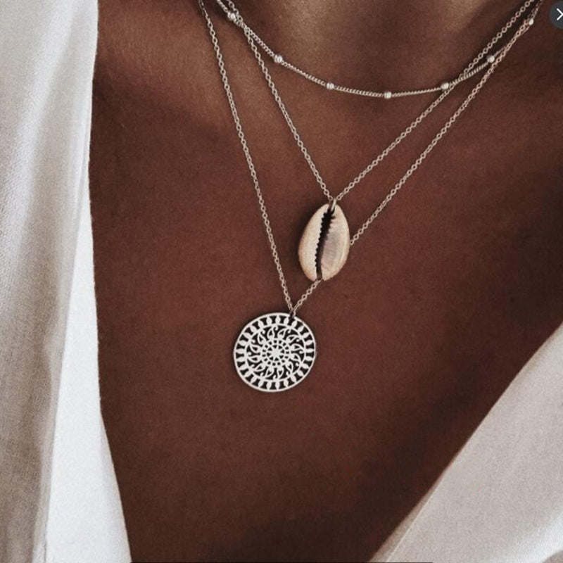Shell Pendant Necklace, Moon Sun Multi-Layer Choker