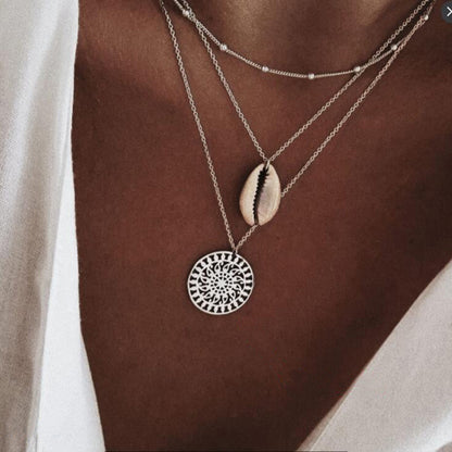 Shell Pendant Necklace, Moon Sun Multi-Layer Choker