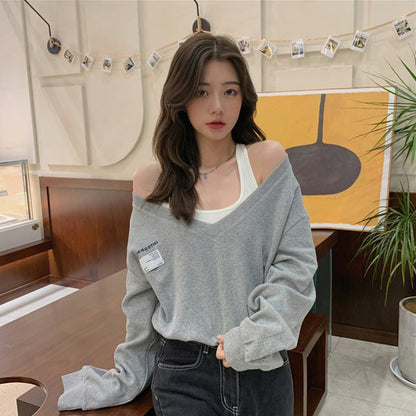 Women's Thin Loose V-neck Sweater Two-Piece Set