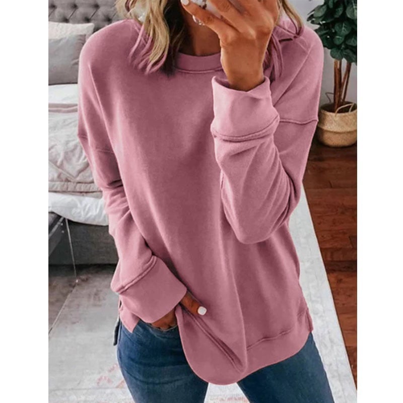 Casual Loose Fit Solid Color Long Sleeve T-shirt