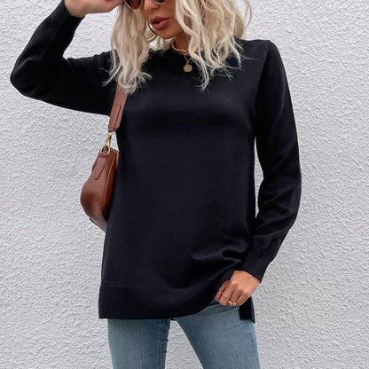 Solid Color Round Neck Button Sweater for Women