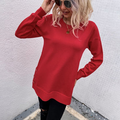 Solid Color Round Neck Button Sweater for Women