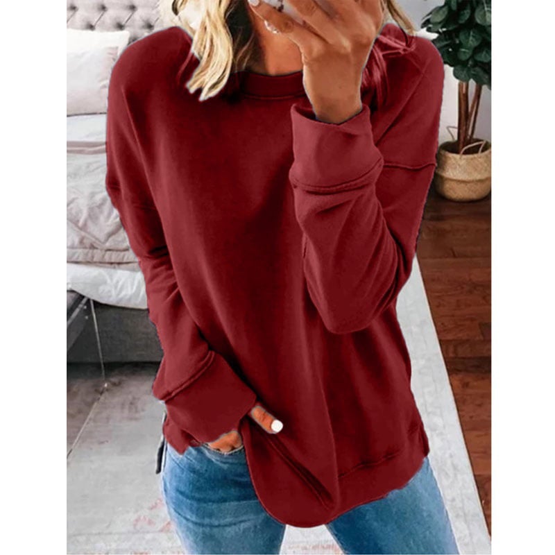 Casual Loose Fit Solid Color Long Sleeve T-shirt