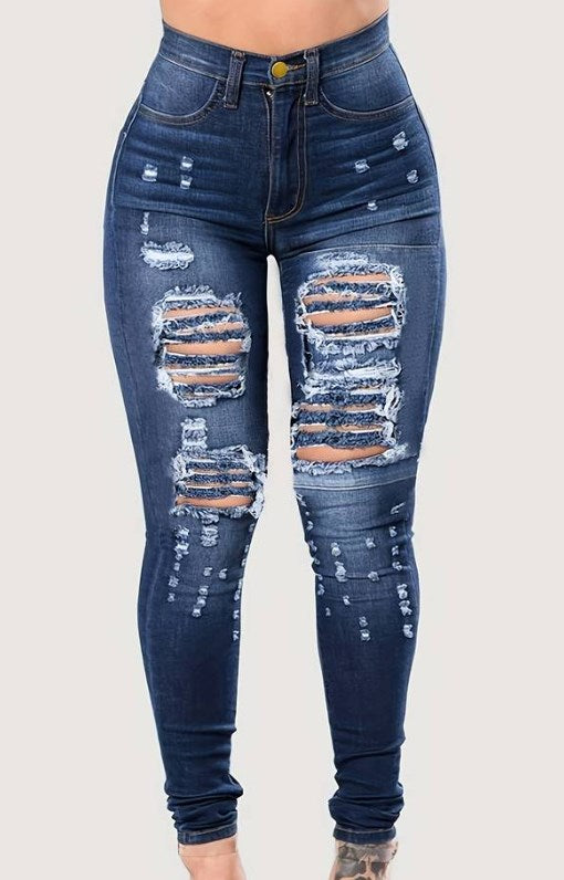 Navy Blue Distressed Skinny Leg Jeans for Women